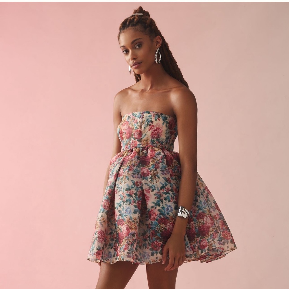Selkie Floral Strapless Dress - Pink and Green